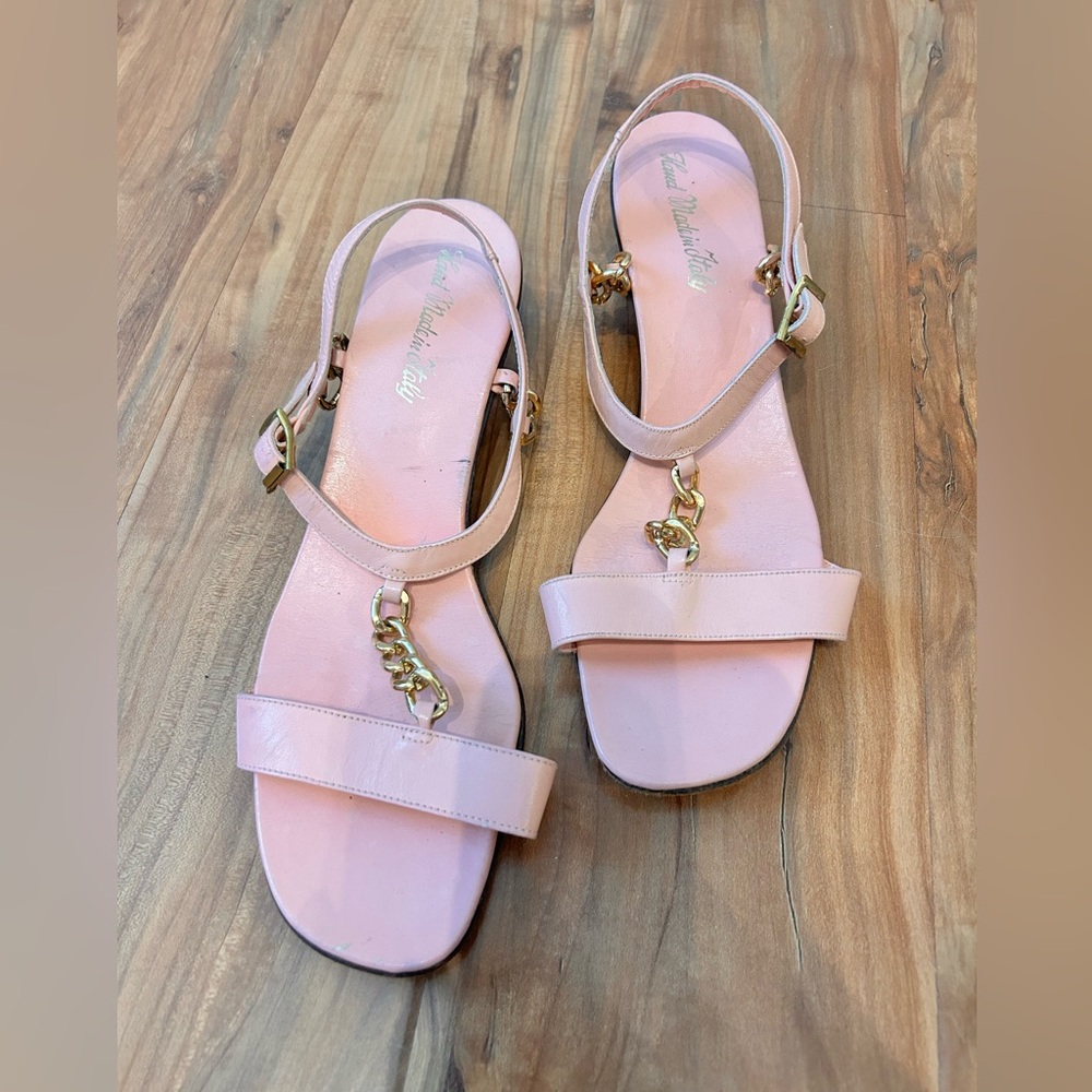 Italian Pink Leather Sandals with Gold Chain